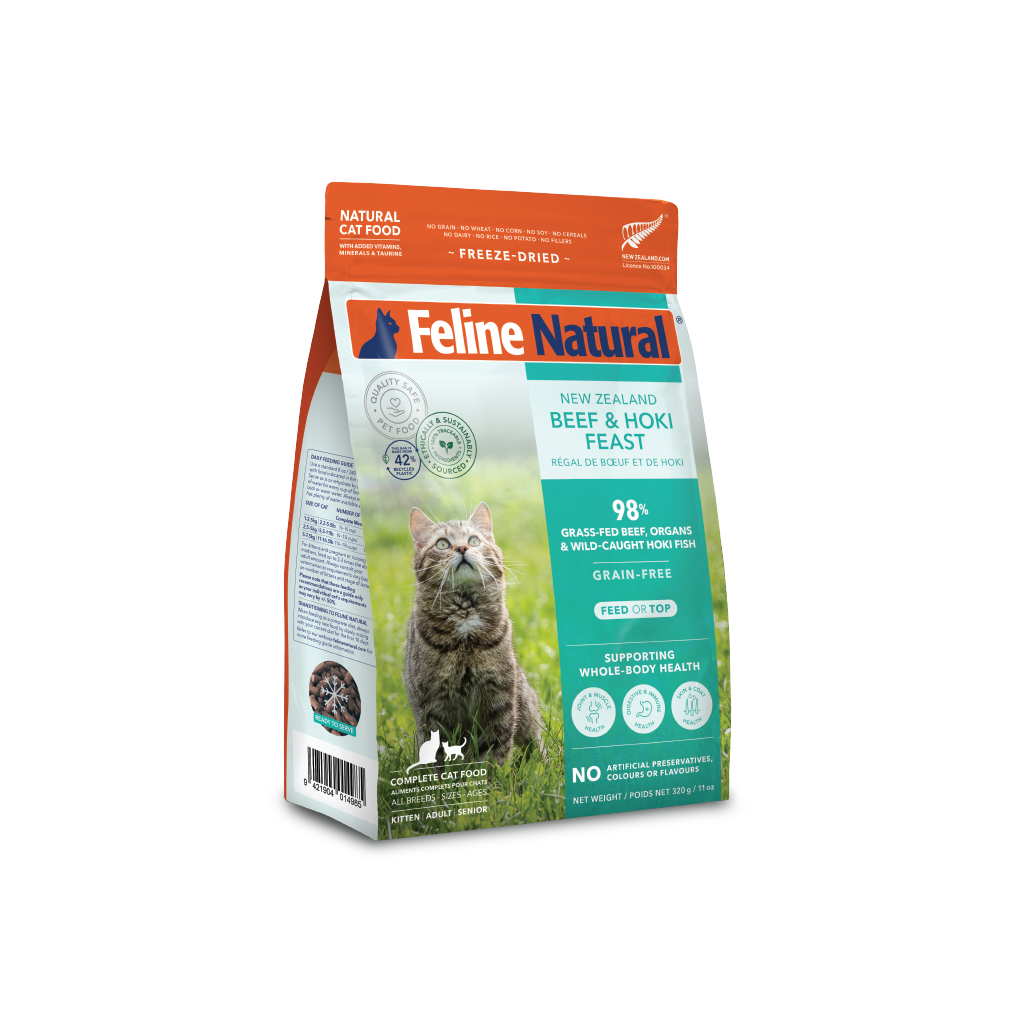 Feline Natural Grain-Free Freeze-Dried Cat Food, Beef & Hoki 320g