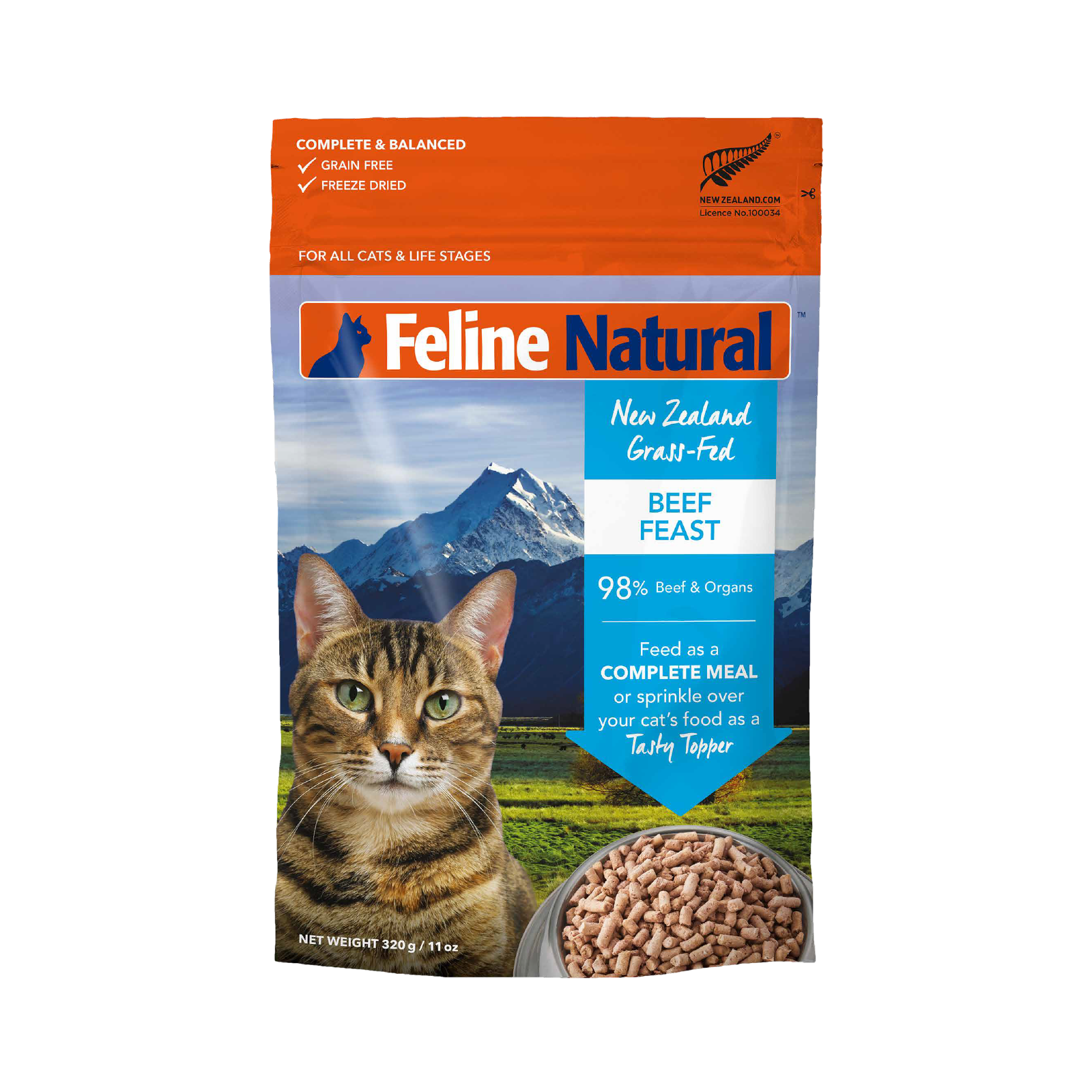 Feline Natural Grain-Free Freeze-Dried Cat Food, Beef 320g