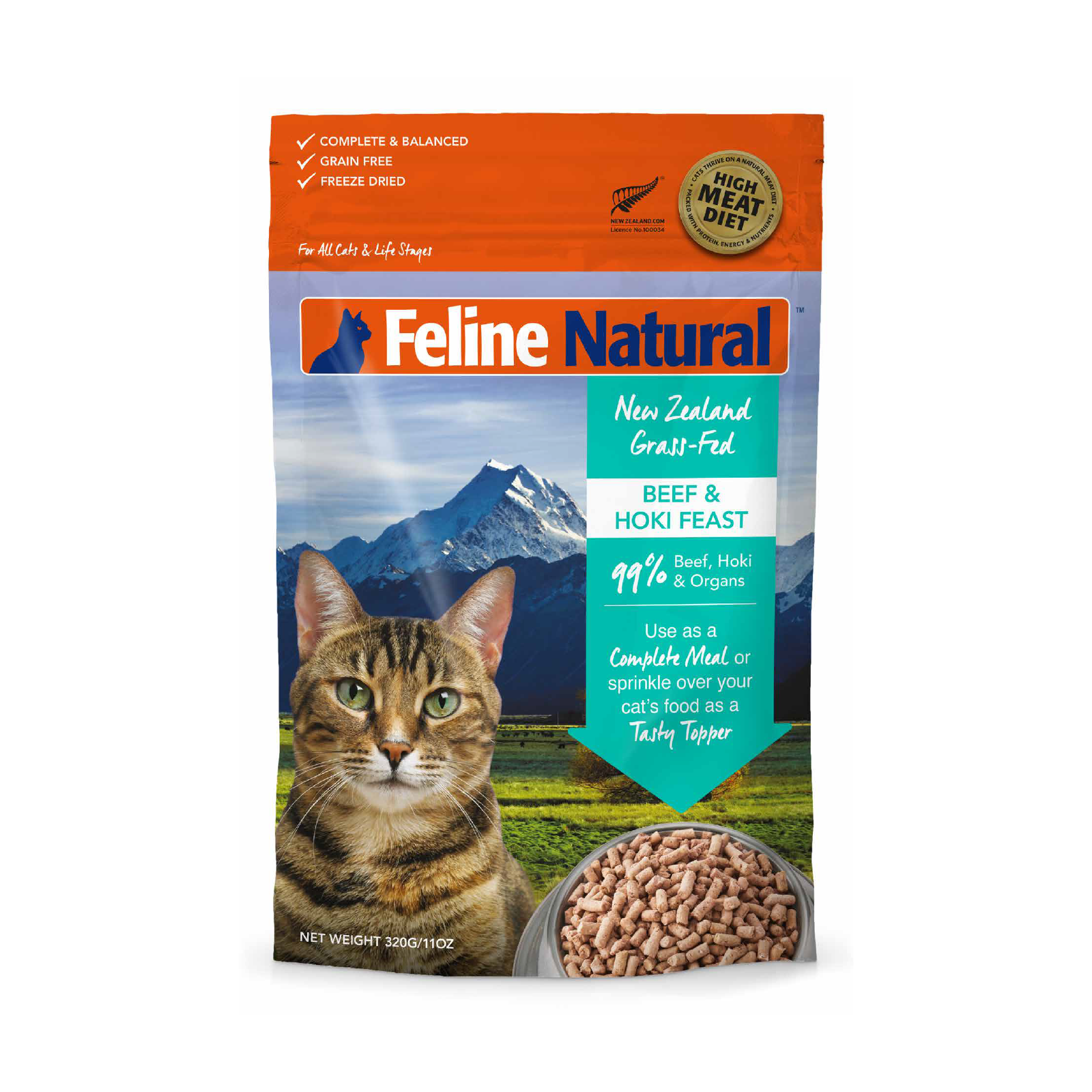 Feline Natural Grain-Free Freeze-Dried Cat Food, Beef & Hoki 320g