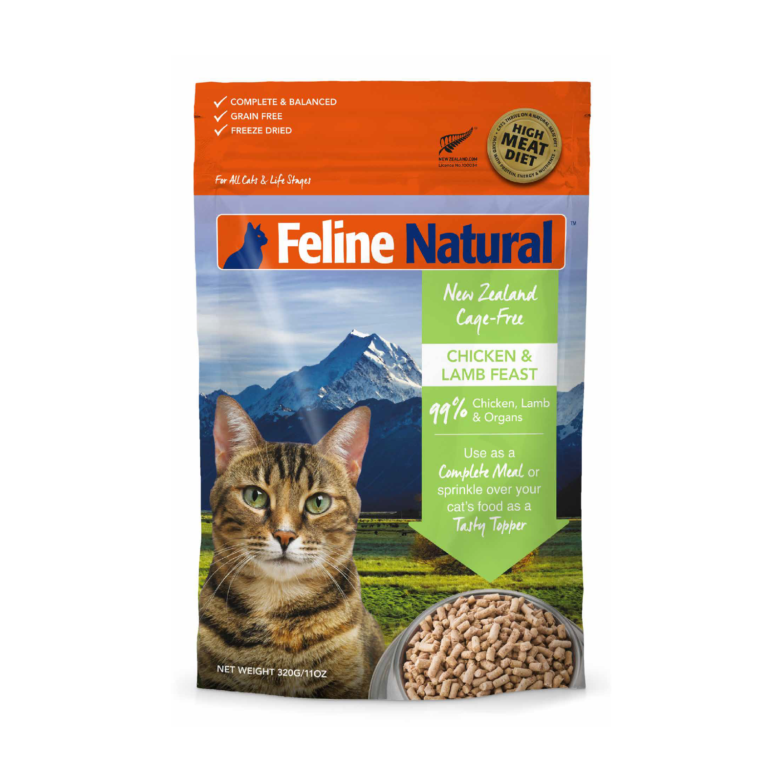 Feline Natural Grain-Free Freeze-Dried Cat Food, Chicken & Lamb 320g