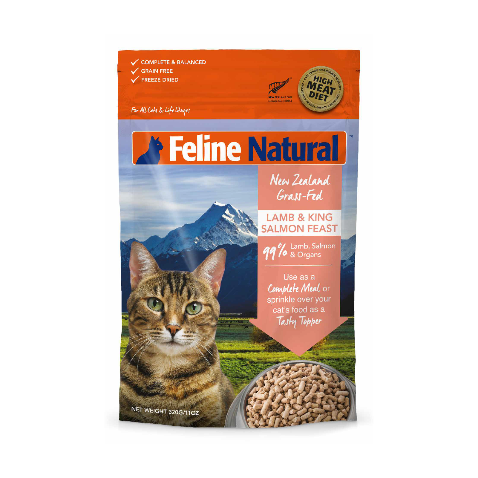 Feline Natural Grain-Free Freeze-Dried Cat Food, Lamb & Salmon 320g